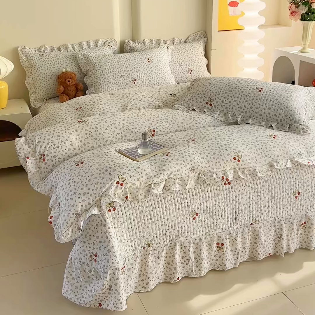 91家纺网 家纺一手货源 找家纺 梓之赫 2026春夏新款A类云感木棉双层纱夹棉床盖四件套 一颗樱桃