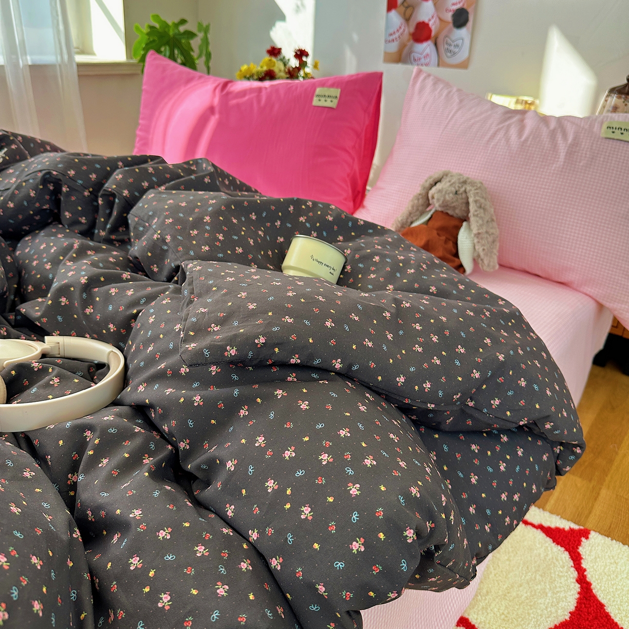 桃子家居 2026新款A类纯棉水洗棉ins韩系小清新碎花混搭织标工艺色织水洗棉四件套系列 水洗棉-粉雾樱花