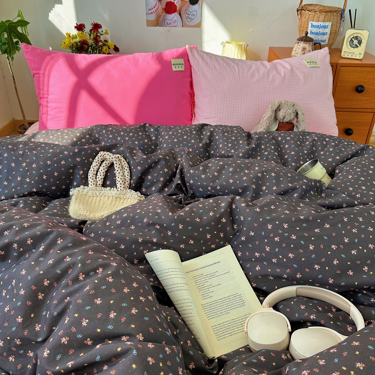 91家纺网 家纺一手货源 找家纺 桃子家居 2026新款A类纯棉水洗棉ins韩系小清新碎花混搭织标工艺色织水洗棉四件套系列 水洗棉-粉雾樱花