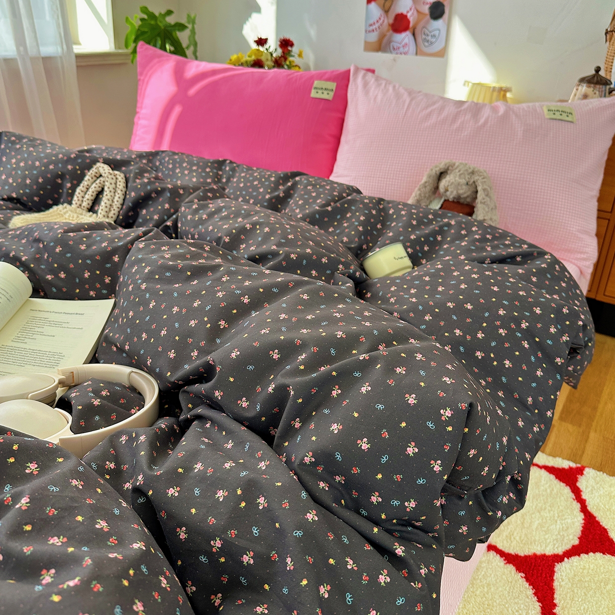 91家纺网 家纺一手货源 找家纺 桃子家居 2026新款A类纯棉水洗棉ins韩系小清新碎花混搭织标工艺色织水洗棉四件套系列 水洗棉-粉雾樱花