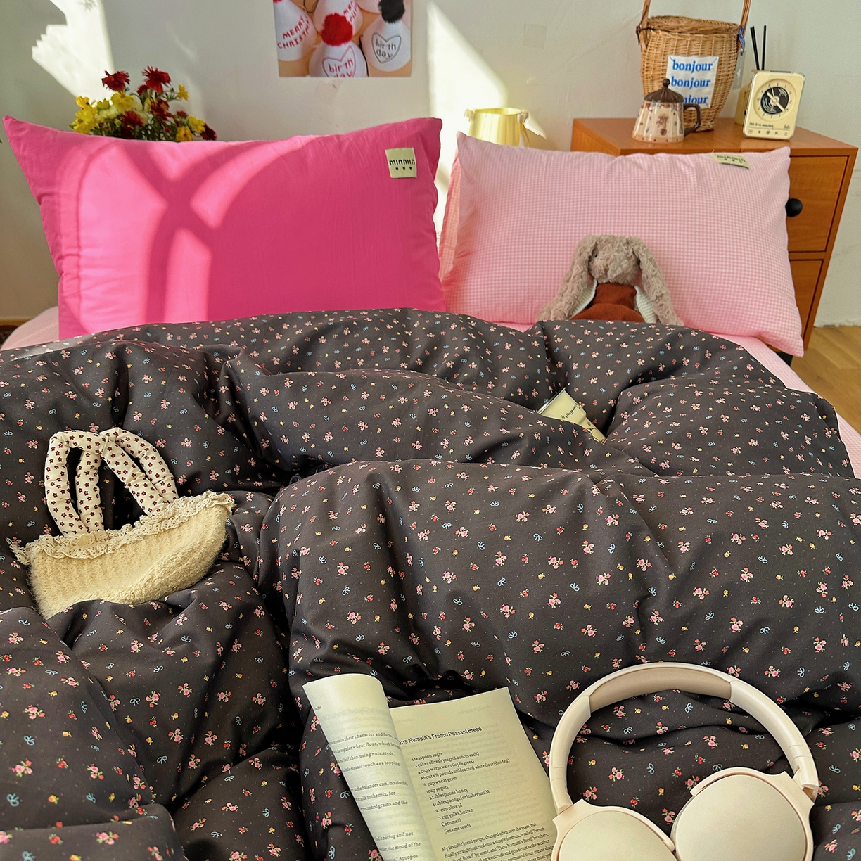 91家纺网 家纺一手货源 找家纺 桃子家居 2026新款A类纯棉水洗棉ins韩系小清新碎花混搭织标工艺色织水洗棉四件套系列 水洗棉-粉雾樱花