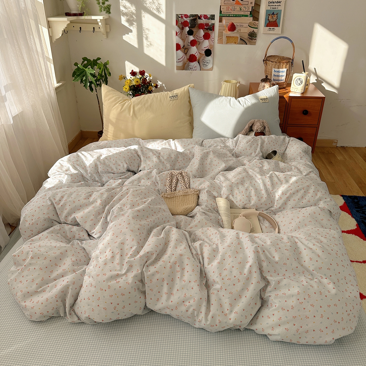 91家纺网 家纺一手货源 找家纺 桃子家居 2026新款A类纯棉水洗棉ins韩系小清新碎花混搭织标工艺色织水洗棉四件套系列 水洗棉-蓝雾花黛