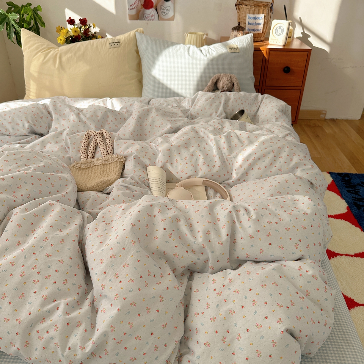 91家纺网 家纺一手货源 找家纺 桃子家居 2026新款A类纯棉水洗棉ins韩系小清新碎花混搭织标工艺色织水洗棉四件套系列 水洗棉-蓝雾花黛