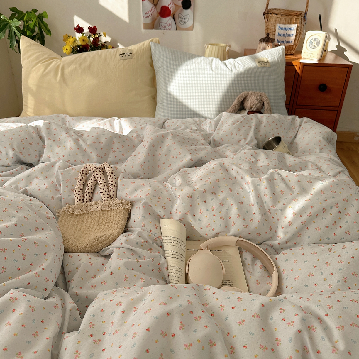 91家纺网 家纺一手货源 找家纺 桃子家居 2026新款A类纯棉水洗棉ins韩系小清新碎花混搭织标工艺色织水洗棉四件套系列 水洗棉-蓝雾花黛