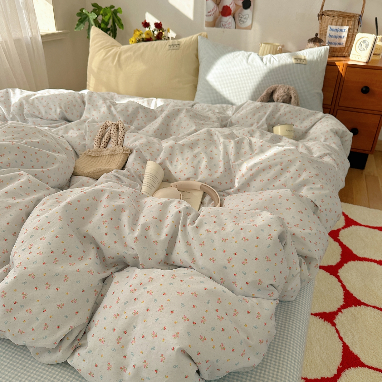 91家纺网 家纺一手货源 找家纺 桃子家居 2026新款A类纯棉水洗棉ins韩系小清新碎花混搭织标工艺色织水洗棉四件套系列 水洗棉-蓝雾花黛