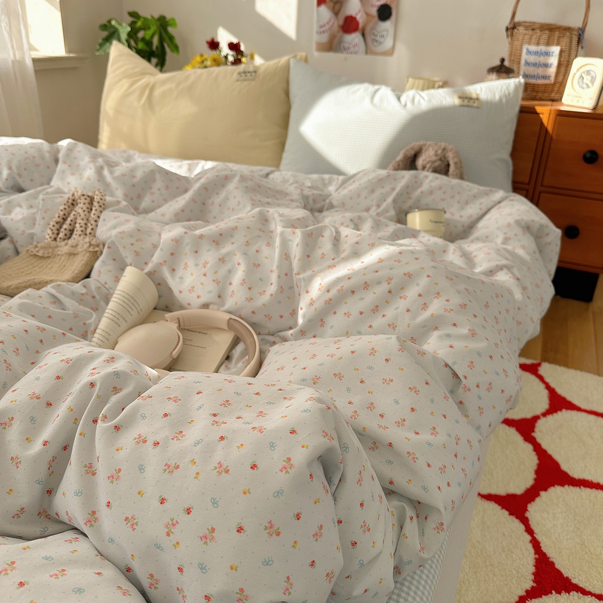 91家纺网 家纺一手货源 找家纺 桃子家居 2026新款A类纯棉水洗棉ins韩系小清新碎花混搭织标工艺色织水洗棉四件套系列 水洗棉-蓝雾花黛