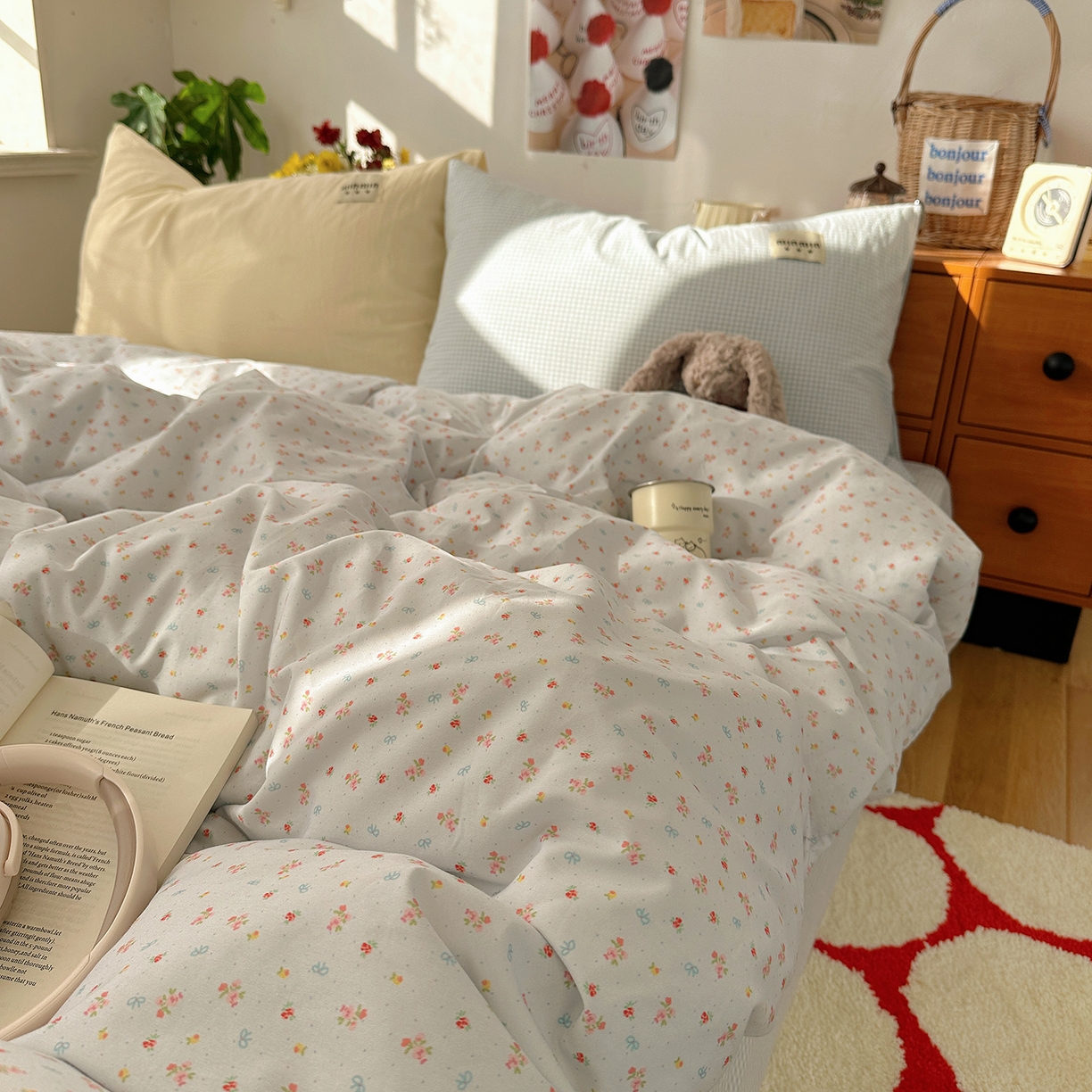 91家纺网 家纺一手货源 找家纺 桃子家居 2026新款A类纯棉水洗棉ins韩系小清新碎花混搭织标工艺色织水洗棉四件套系列 水洗棉-蓝雾花黛