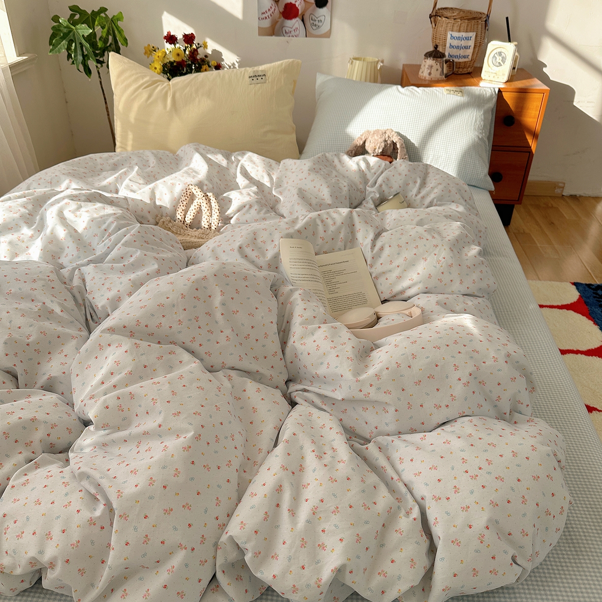 91家纺网 家纺一手货源 找家纺 桃子家居 2026新款A类纯棉水洗棉ins韩系小清新碎花混搭织标工艺色织水洗棉四件套系列 水洗棉-蓝雾花黛