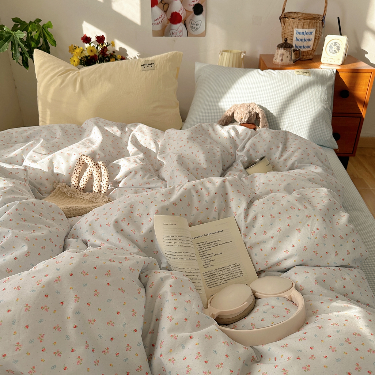 91家纺网 家纺一手货源 找家纺 桃子家居 2026新款A类纯棉水洗棉ins韩系小清新碎花混搭织标工艺色织水洗棉四件套系列 水洗棉-蓝雾花黛