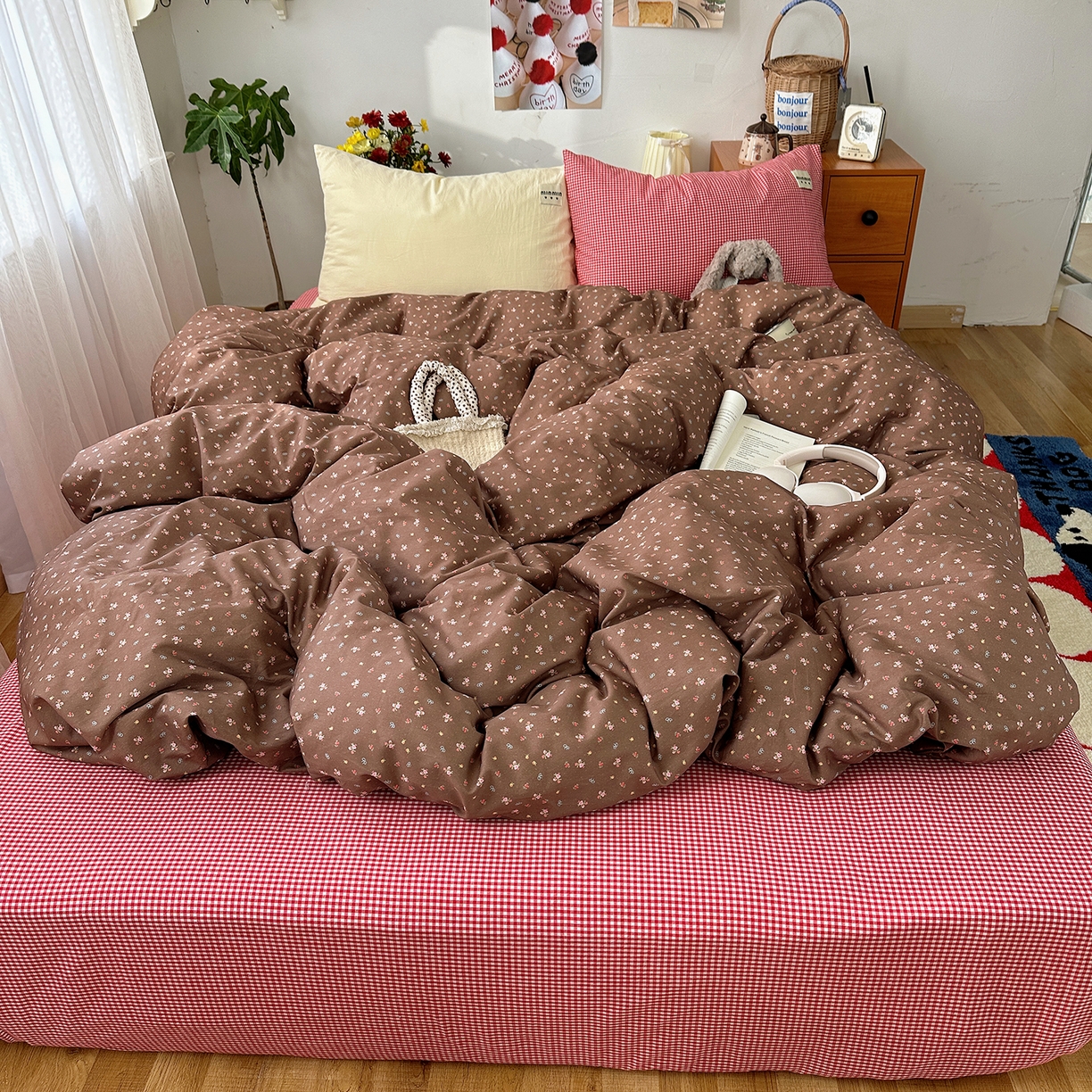 91家纺网 家纺一手货源 找家纺 桃子家居 2026新款A类纯棉水洗棉ins韩系小清新碎花混搭织标工艺色织水洗棉四件套系列 水洗棉-栗雾来信