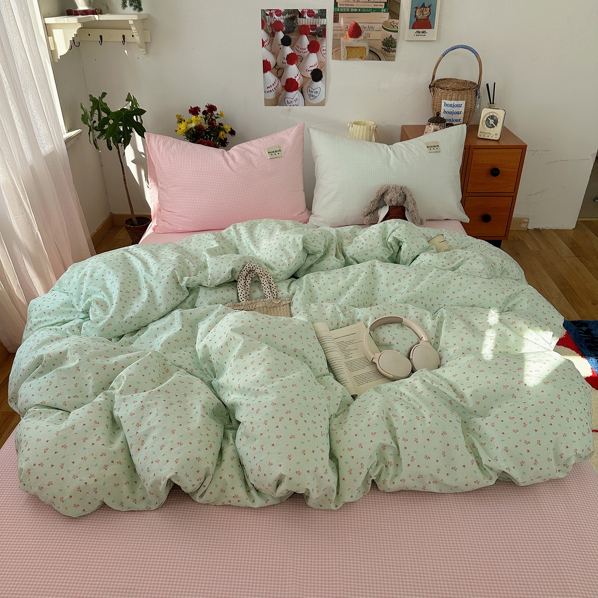 91家纺网 家纺一手货源 找家纺 桃子家居 2026新款A类纯棉水洗棉ins韩系小清新碎花混搭织标工艺色织水洗棉四件套系列 水洗棉-青雾春日