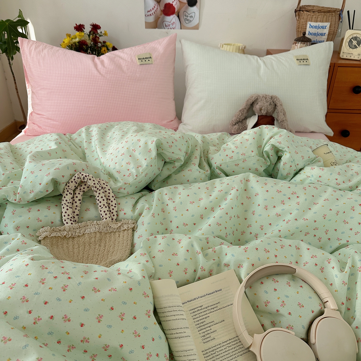 91家纺网 家纺一手货源 找家纺 桃子家居 2026新款A类纯棉水洗棉ins韩系小清新碎花混搭织标工艺色织水洗棉四件套系列 水洗棉-青雾春日