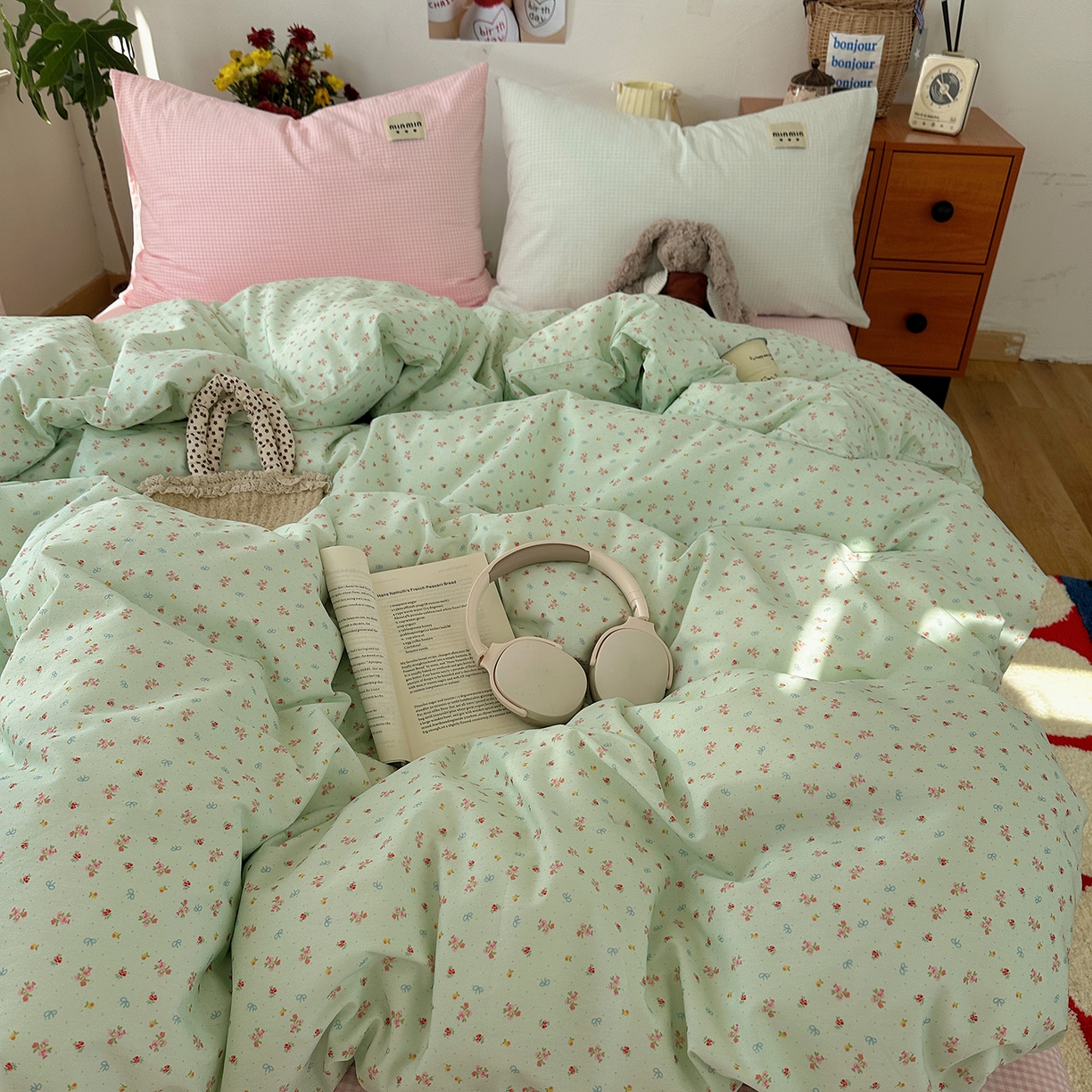 91家纺网 家纺一手货源 找家纺 桃子家居 2026新款A类纯棉水洗棉ins韩系小清新碎花混搭织标工艺色织水洗棉四件套系列 水洗棉-青雾春日