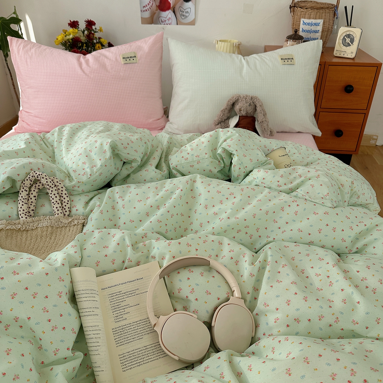 91家纺网 家纺一手货源 找家纺 桃子家居 2026新款A类纯棉水洗棉ins韩系小清新碎花混搭织标工艺色织水洗棉四件套系列 水洗棉-青雾春日