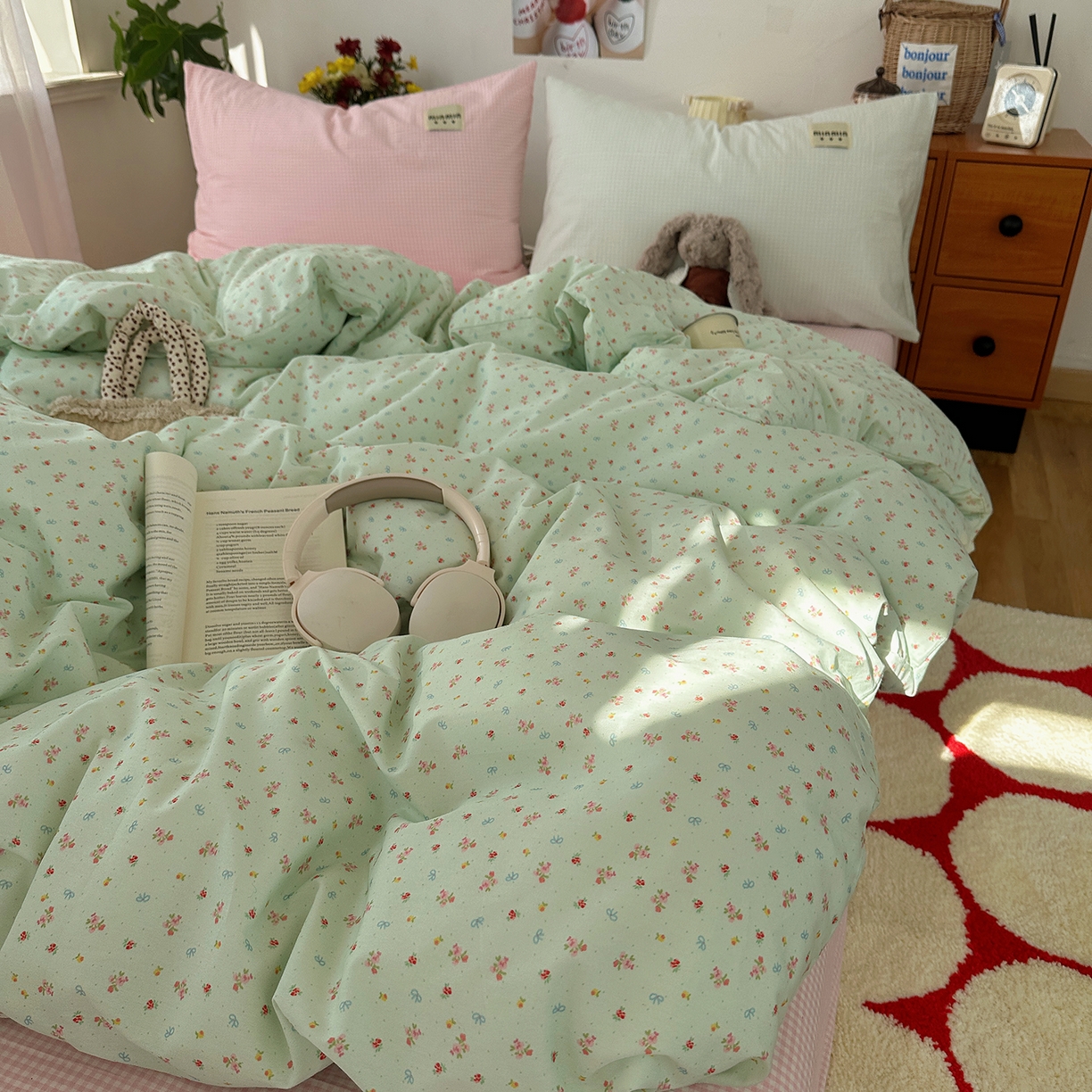 91家纺网 家纺一手货源 找家纺 桃子家居 2026新款A类纯棉水洗棉ins韩系小清新碎花混搭织标工艺色织水洗棉四件套系列 水洗棉-青雾春日