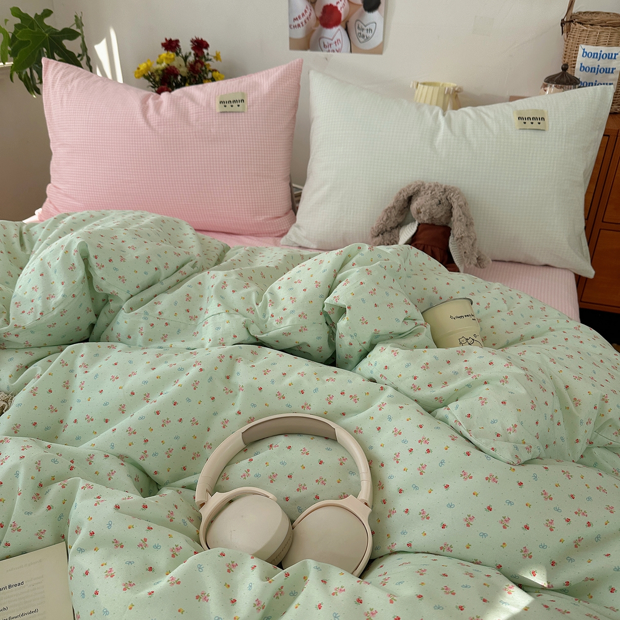 91家纺网 家纺一手货源 找家纺 桃子家居 2026新款A类纯棉水洗棉ins韩系小清新碎花混搭织标工艺色织水洗棉四件套系列 水洗棉-青雾春日