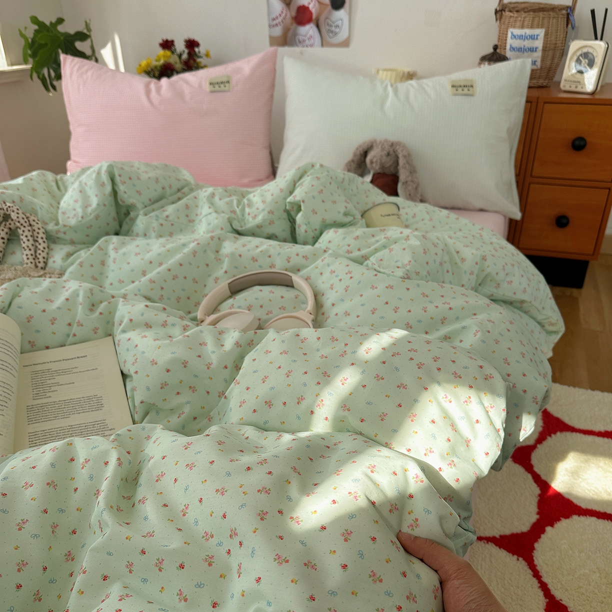 91家纺网 家纺一手货源 找家纺 桃子家居 2026新款A类纯棉水洗棉ins韩系小清新碎花混搭织标工艺色织水洗棉四件套系列 水洗棉-青雾春日