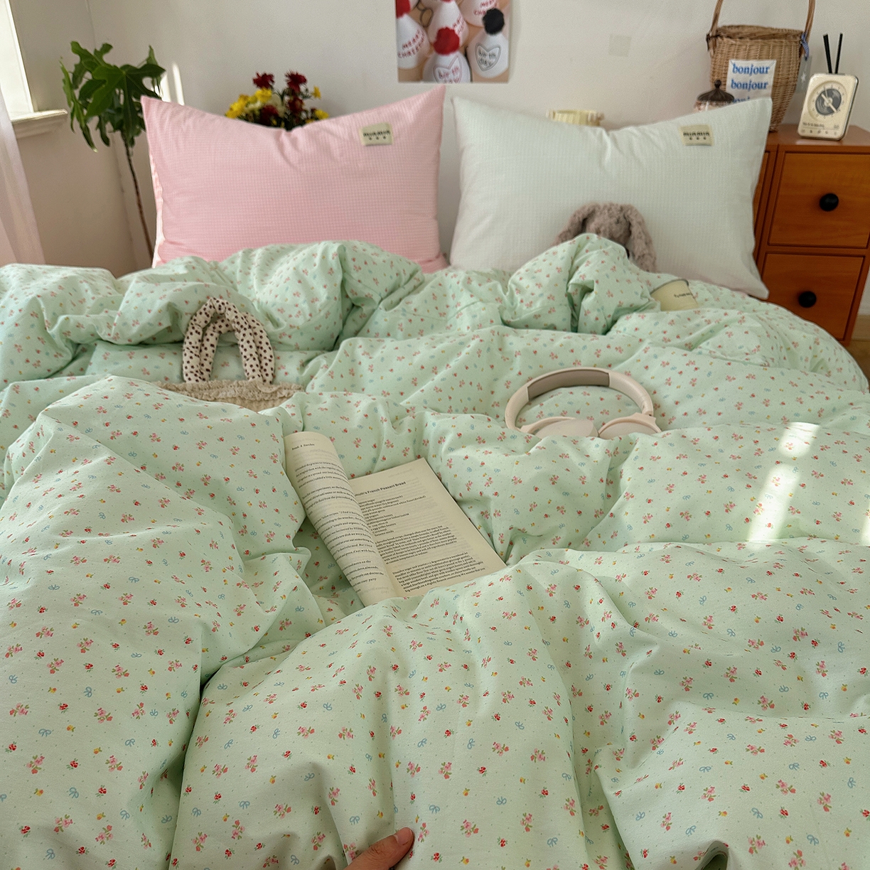 91家纺网 家纺一手货源 找家纺 桃子家居 2026新款A类纯棉水洗棉ins韩系小清新碎花混搭织标工艺色织水洗棉四件套系列 水洗棉-青雾春日