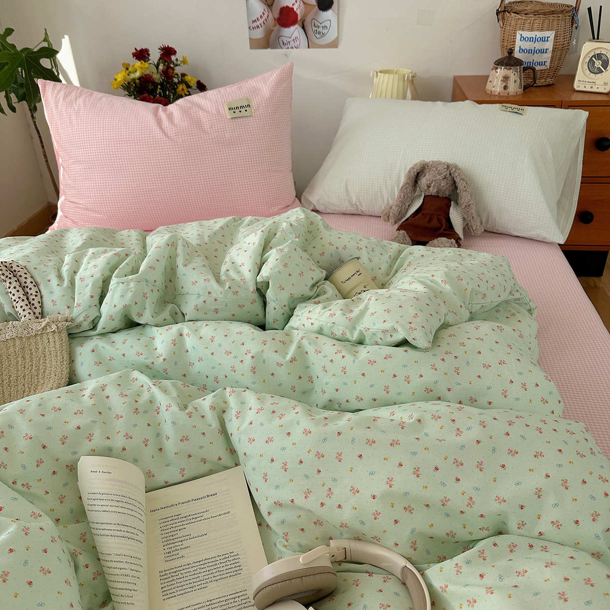 91家纺网 家纺一手货源 找家纺 桃子家居 2026新款A类纯棉水洗棉ins韩系小清新碎花混搭织标工艺色织水洗棉四件套系列 水洗棉-青雾春日