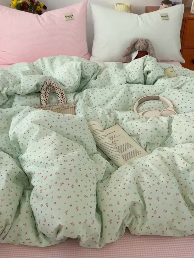 91家纺网 家纺一手货源 找家纺 桃子家居 2026新款A类纯棉水洗棉ins韩系小清新碎花混搭织标工艺色织水洗棉四件套系列 水洗棉-青雾春日