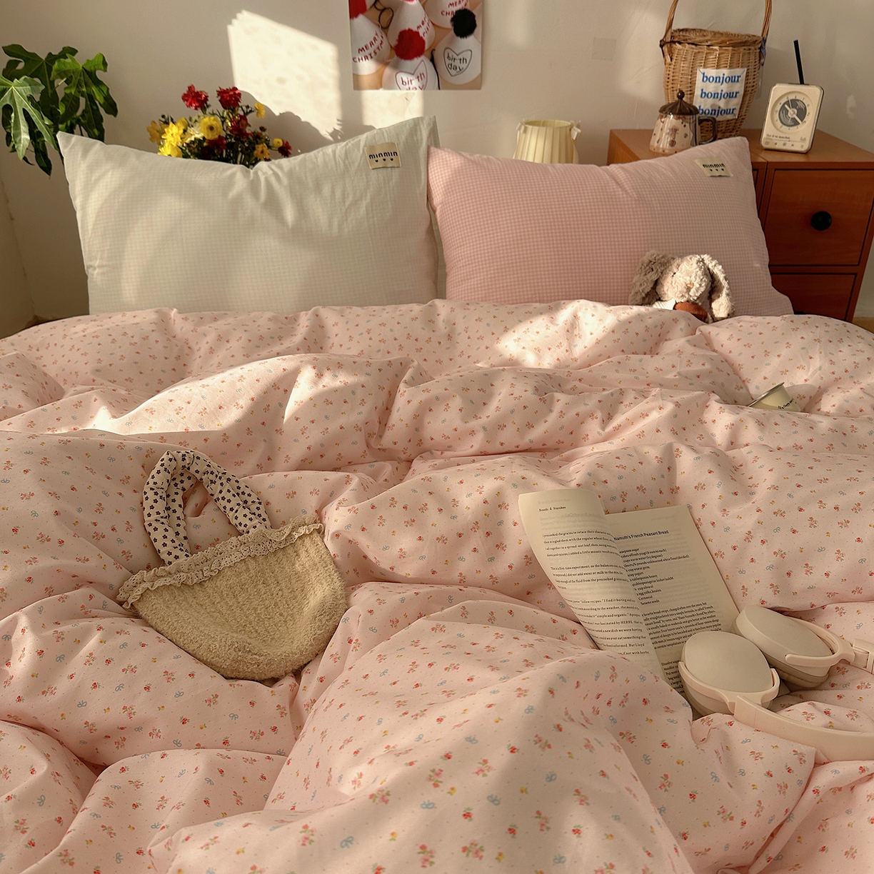 91家纺网 家纺一手货源 找家纺 桃子家居 2026新款A类纯棉水洗棉ins韩系小清新碎花混搭织标工艺色织水洗棉四件套系列 水洗棉-桃雾花甜