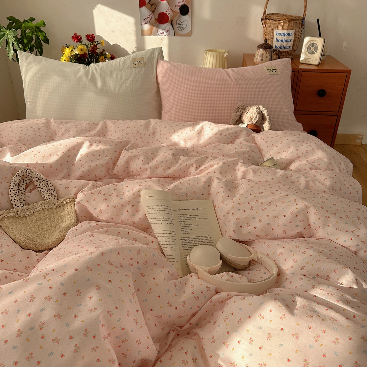 91家纺网 家纺一手货源 找家纺 桃子家居 2026新款A类纯棉水洗棉ins韩系小清新碎花混搭织标工艺色织水洗棉四件套系列 水洗棉-桃雾花甜