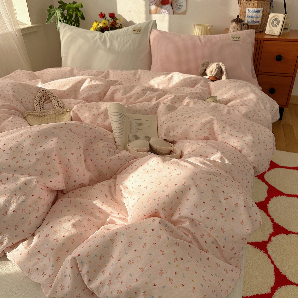 91家纺网 家纺一手货源 找家纺 桃子家居 2026新款A类纯棉水洗棉ins韩系小清新碎花混搭织标工艺色织水洗棉四件套系列 水洗棉-桃雾花甜