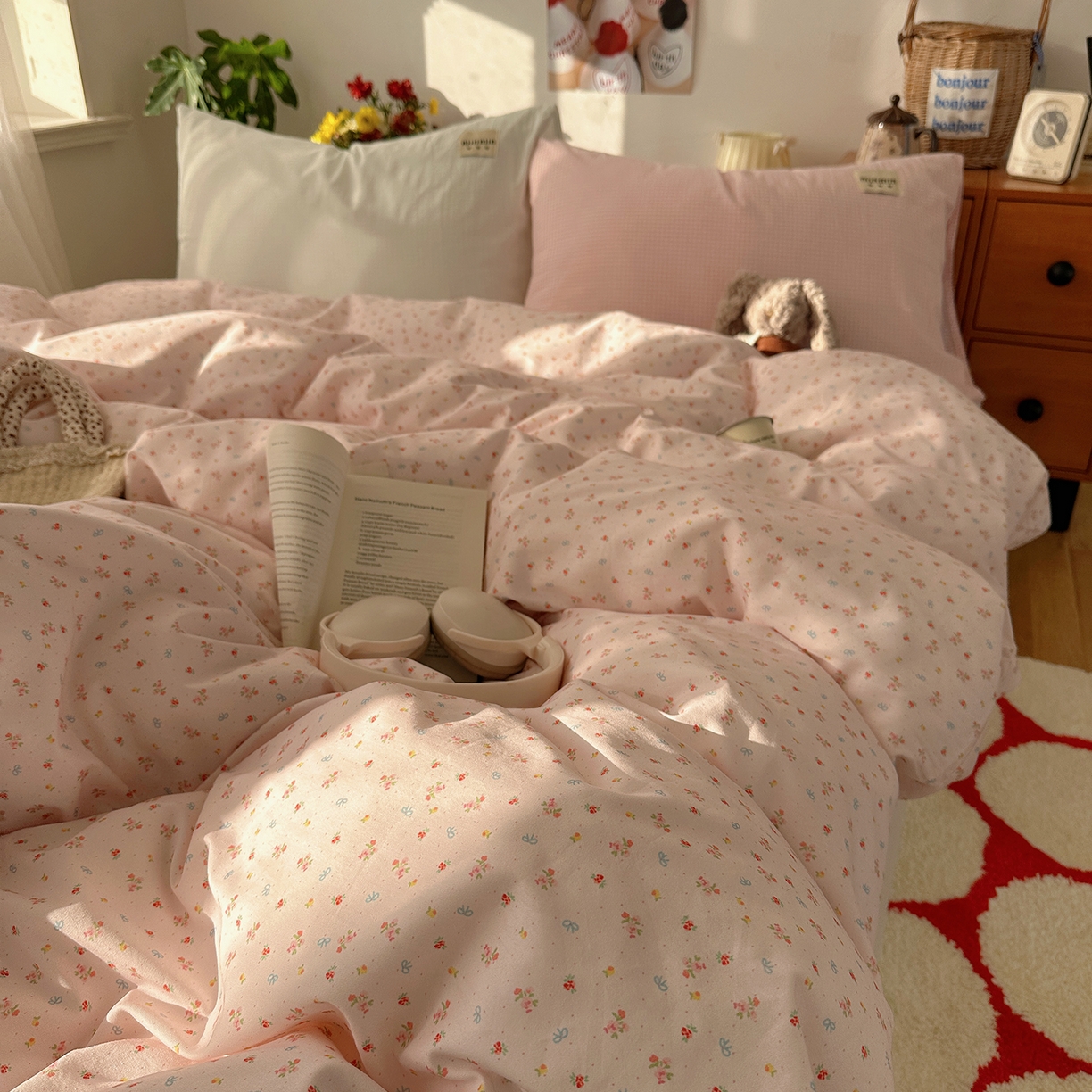 91家纺网 家纺一手货源 找家纺 桃子家居 2026新款A类纯棉水洗棉ins韩系小清新碎花混搭织标工艺色织水洗棉四件套系列 水洗棉-桃雾花甜