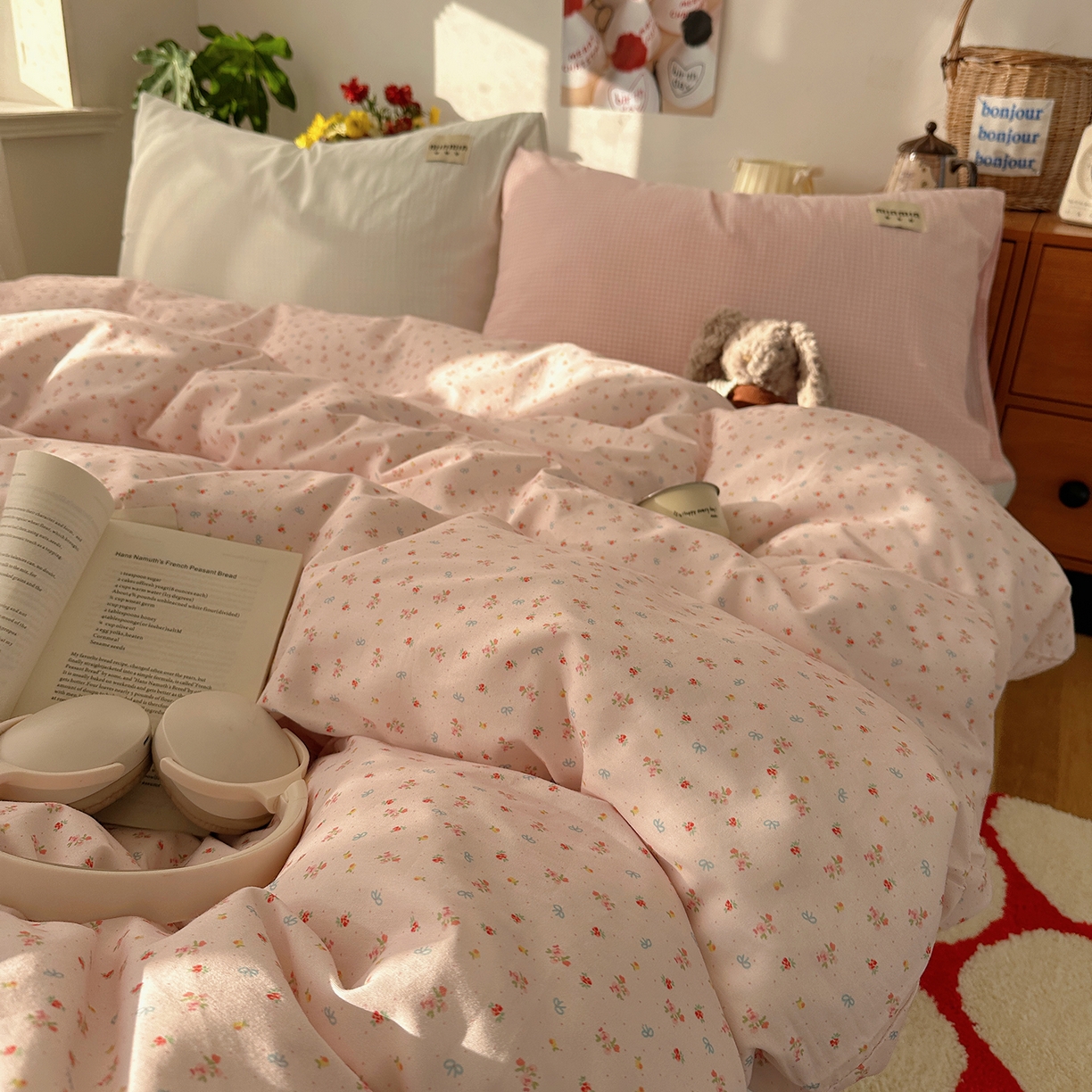 91家纺网 家纺一手货源 找家纺 桃子家居 2026新款A类纯棉水洗棉ins韩系小清新碎花混搭织标工艺色织水洗棉四件套系列 水洗棉-桃雾花甜