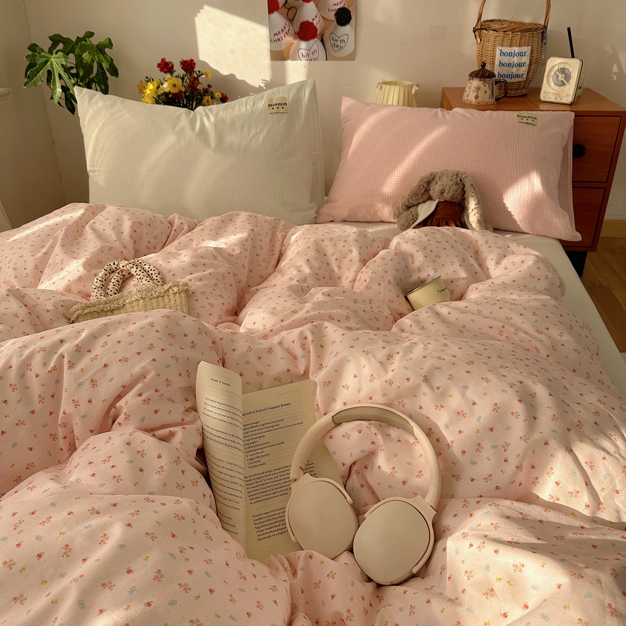 91家纺网 家纺一手货源 找家纺 桃子家居 2026新款A类纯棉水洗棉ins韩系小清新碎花混搭织标工艺色织水洗棉四件套系列 水洗棉-桃雾花甜