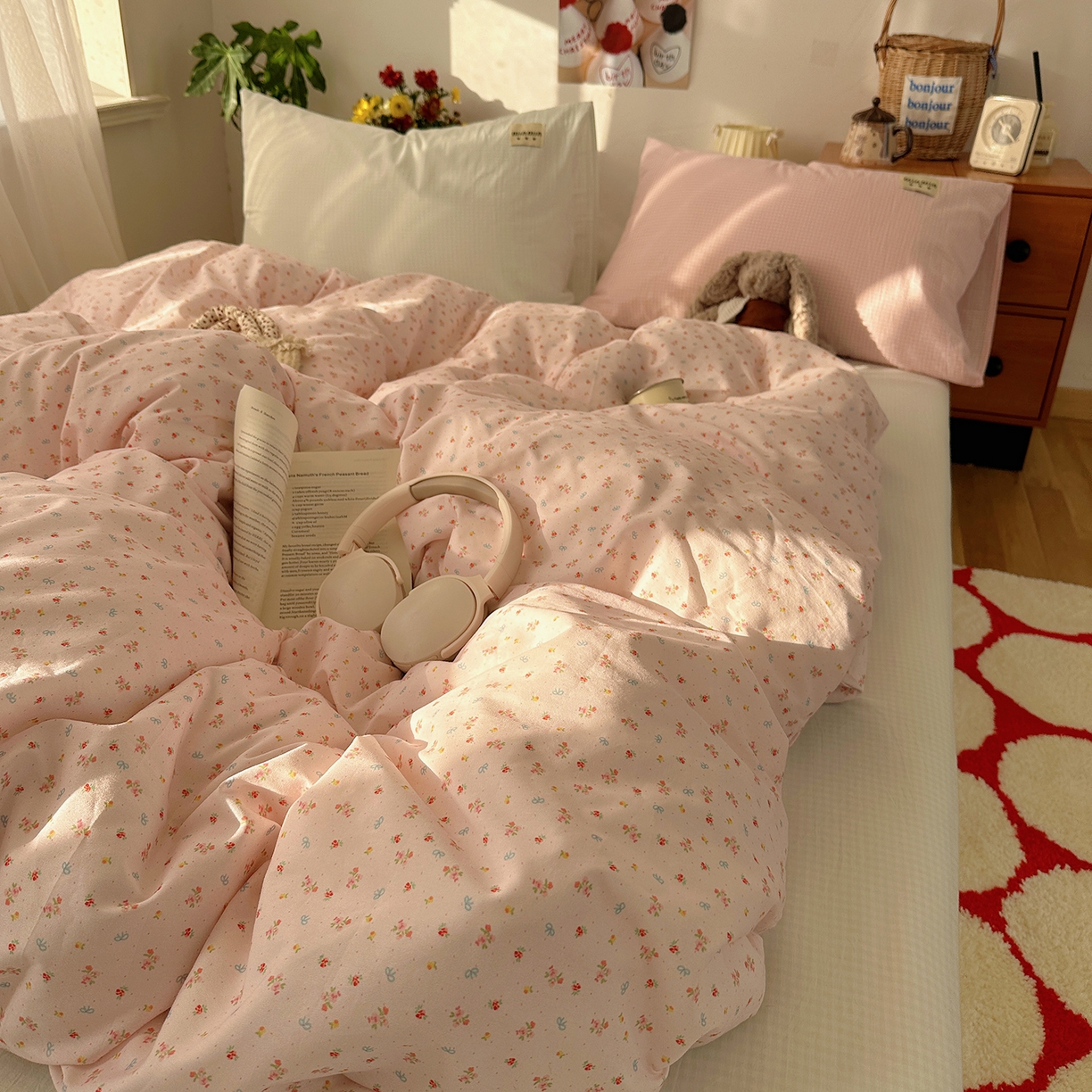 91家纺网 家纺一手货源 找家纺 桃子家居 2026新款A类纯棉水洗棉ins韩系小清新碎花混搭织标工艺色织水洗棉四件套系列 水洗棉-桃雾花甜