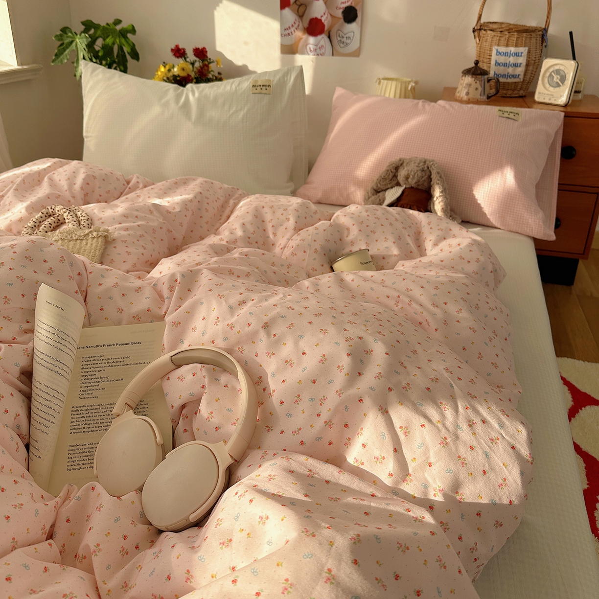 91家纺网 家纺一手货源 找家纺 桃子家居 2026新款A类纯棉水洗棉ins韩系小清新碎花混搭织标工艺色织水洗棉四件套系列 水洗棉-桃雾花甜