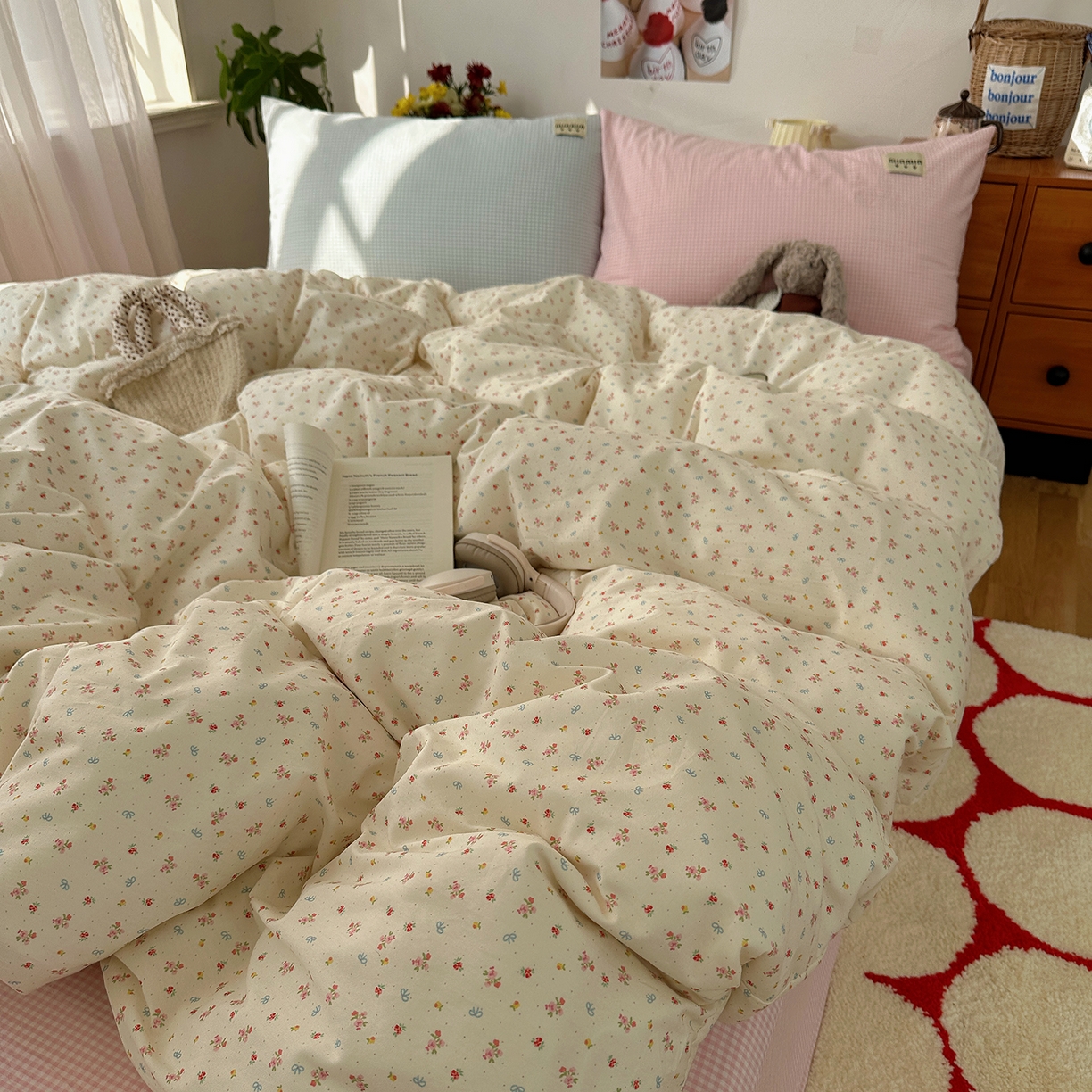 91家纺网 家纺一手货源 找家纺 桃子家居 2026新款A类纯棉水洗棉ins韩系小清新碎花混搭织标工艺色织水洗棉四件套系列 水洗棉-云雾星花