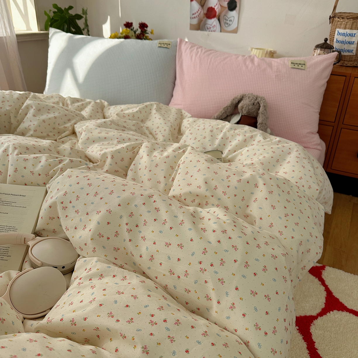 91家纺网 家纺一手货源 找家纺 桃子家居 2026新款A类纯棉水洗棉ins韩系小清新碎花混搭织标工艺色织水洗棉四件套系列 水洗棉-云雾星花