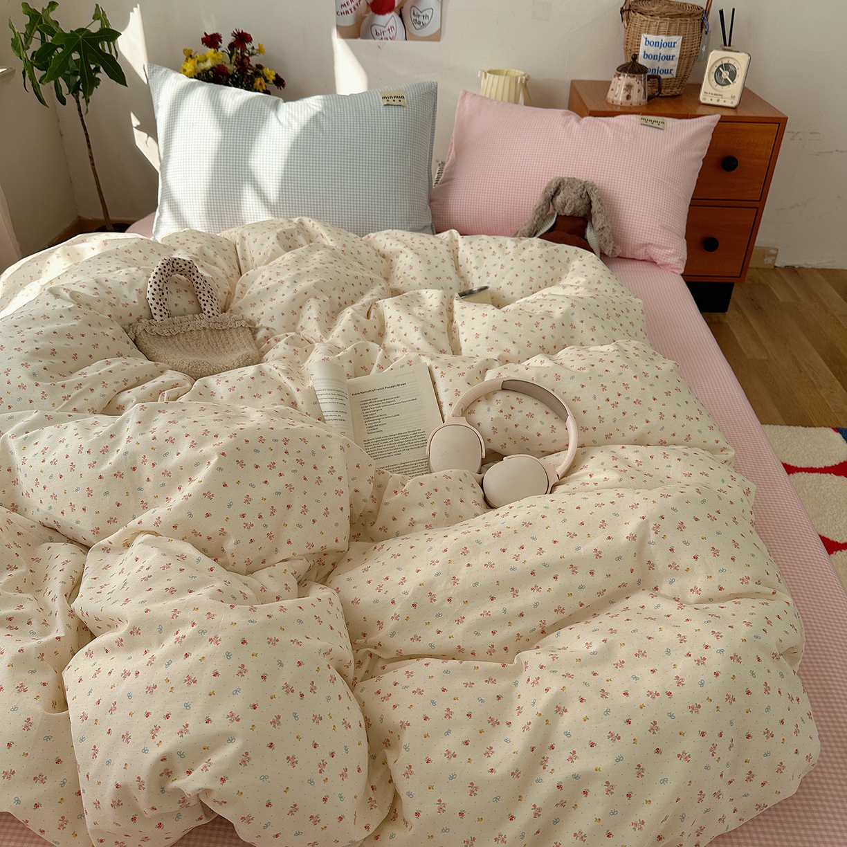 91家纺网 家纺一手货源 找家纺 桃子家居 2026新款A类纯棉水洗棉ins韩系小清新碎花混搭织标工艺色织水洗棉四件套系列 水洗棉-云雾星花