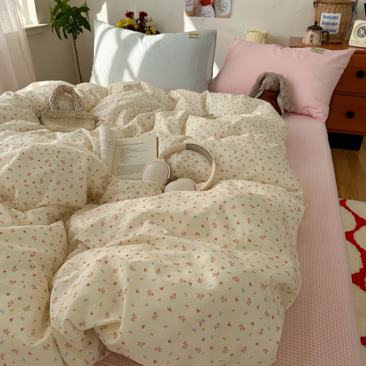 91家纺网 家纺一手货源 找家纺 桃子家居 2026新款A类纯棉水洗棉ins韩系小清新碎花混搭织标工艺色织水洗棉四件套系列 水洗棉-云雾星花