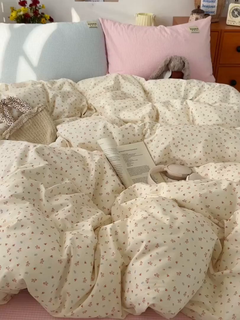 91家纺网 家纺一手货源 找家纺 桃子家居 2026新款A类纯棉水洗棉ins韩系小清新碎花混搭织标工艺色织水洗棉四件套系列 水洗棉-云雾星花