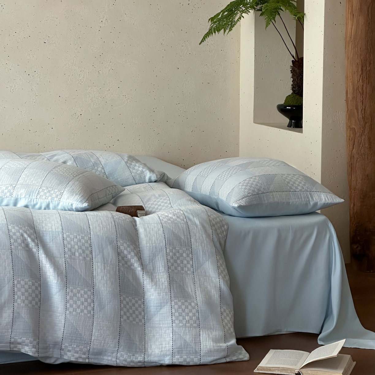 91家纺网 家纺一手货源 找家纺 例外 2026新款全棉纯棉双层纱布大提花四件套舒芙蕾 蓝色-舒芙蕾