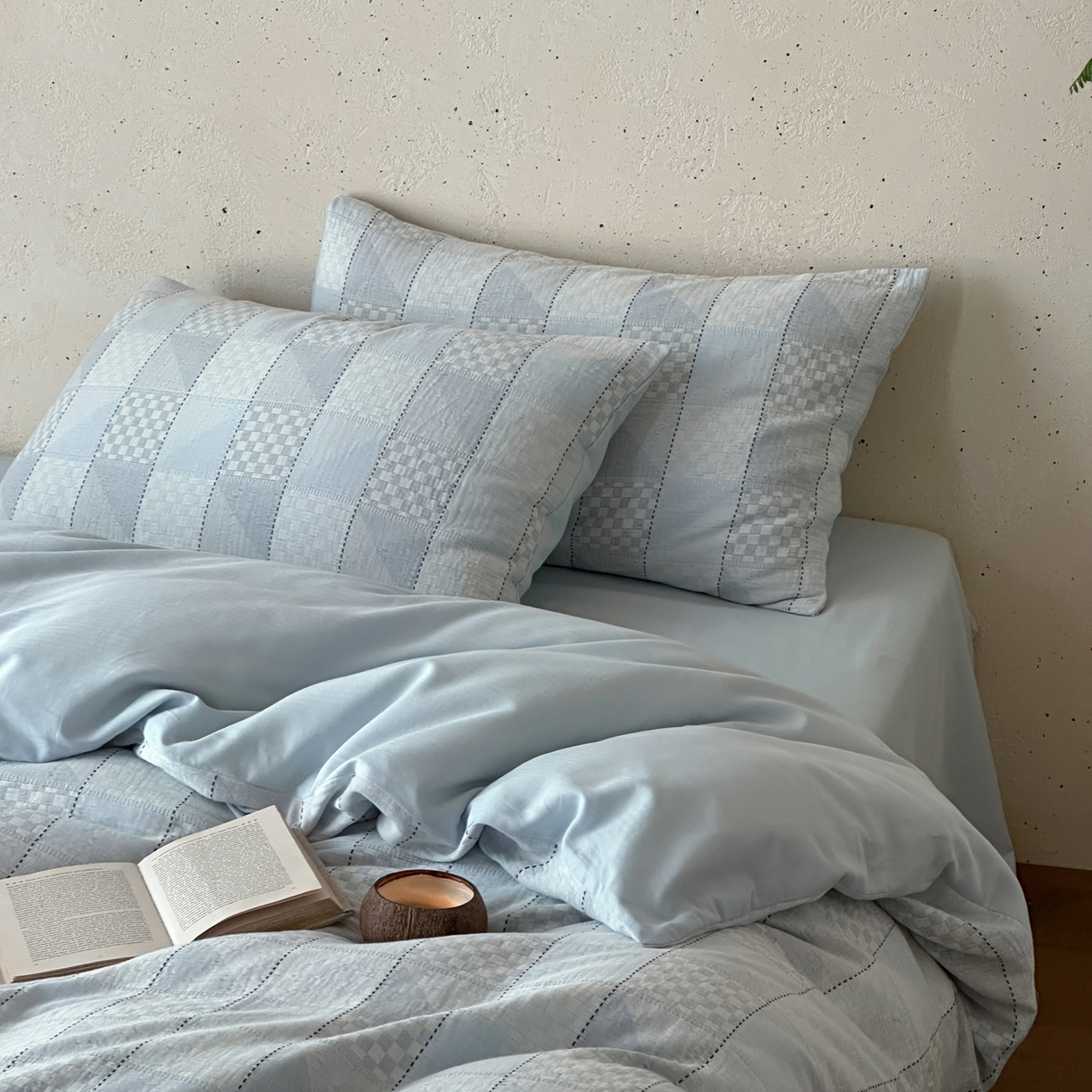 91家纺网 家纺一手货源 找家纺 例外 2026新款全棉纯棉双层纱布大提花四件套舒芙蕾 蓝色-舒芙蕾