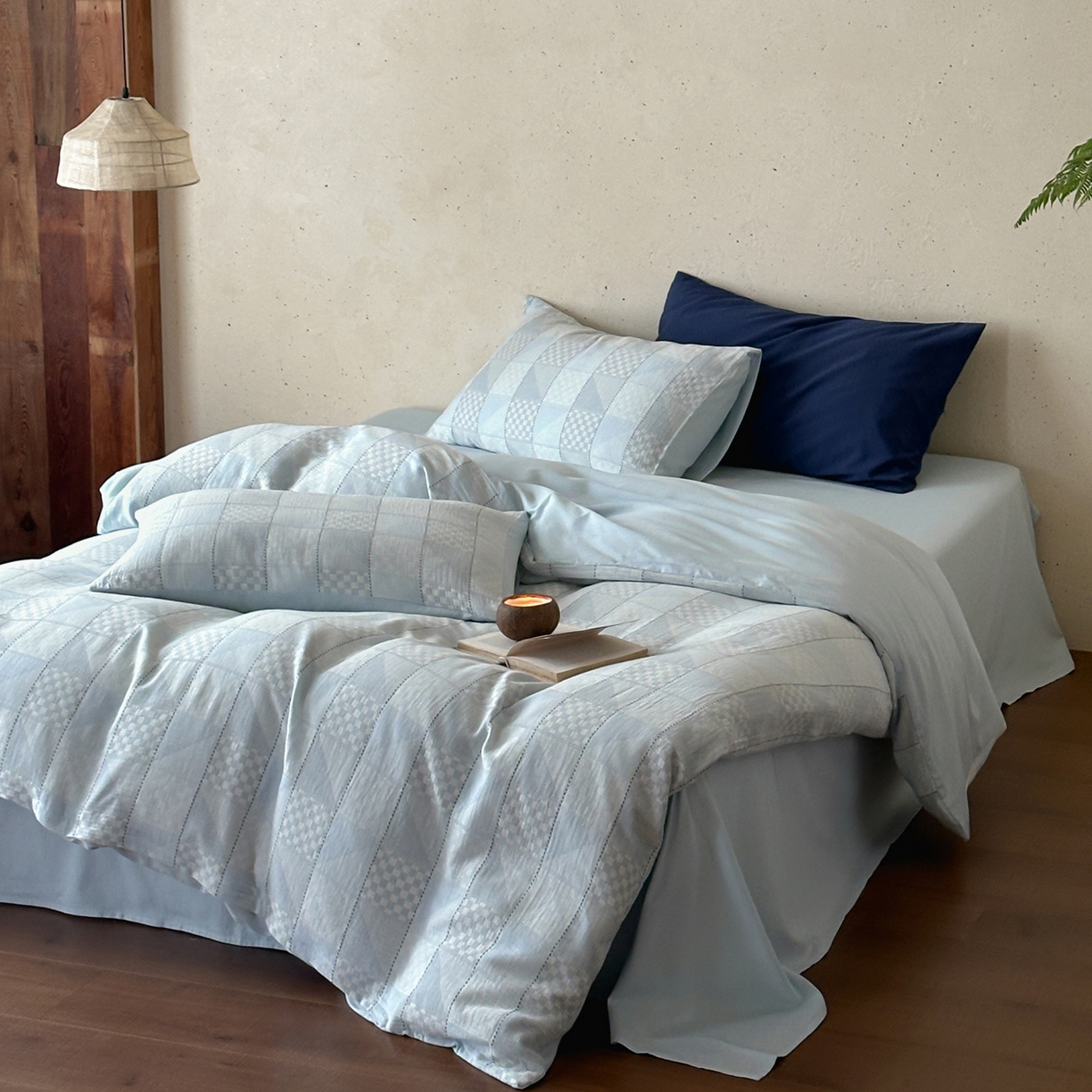 91家纺网 家纺一手货源 找家纺 例外 2026新款全棉纯棉双层纱布大提花四件套舒芙蕾 蓝色-舒芙蕾