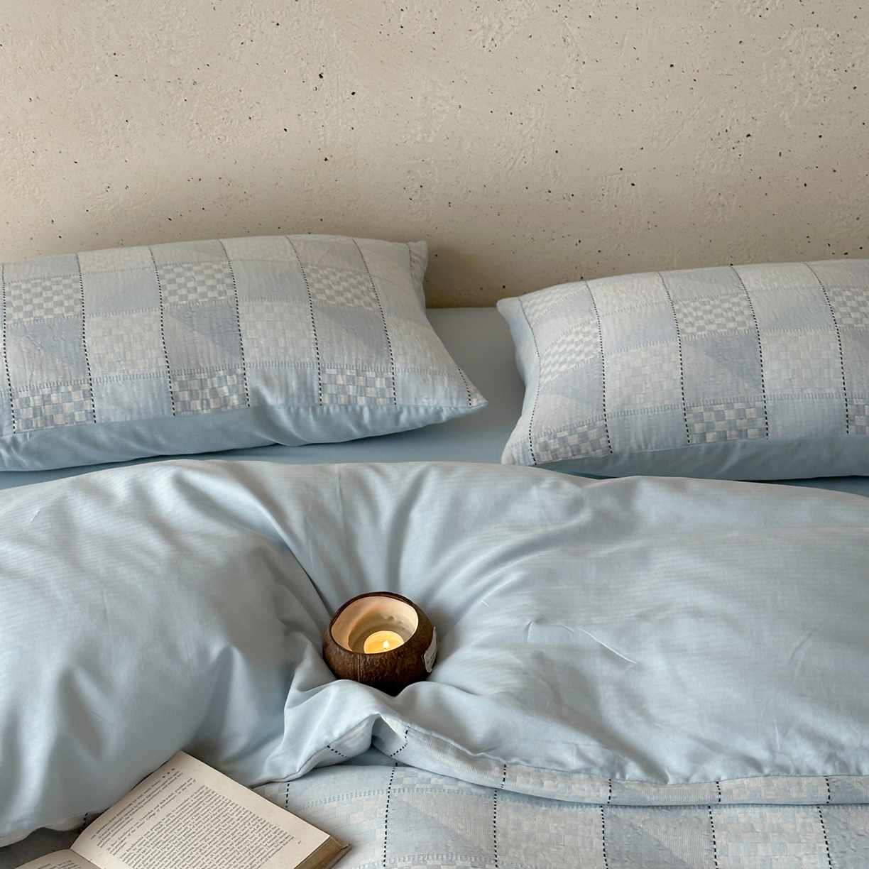 91家纺网 家纺一手货源 找家纺 例外 2026新款全棉纯棉双层纱布大提花四件套舒芙蕾 蓝色-舒芙蕾