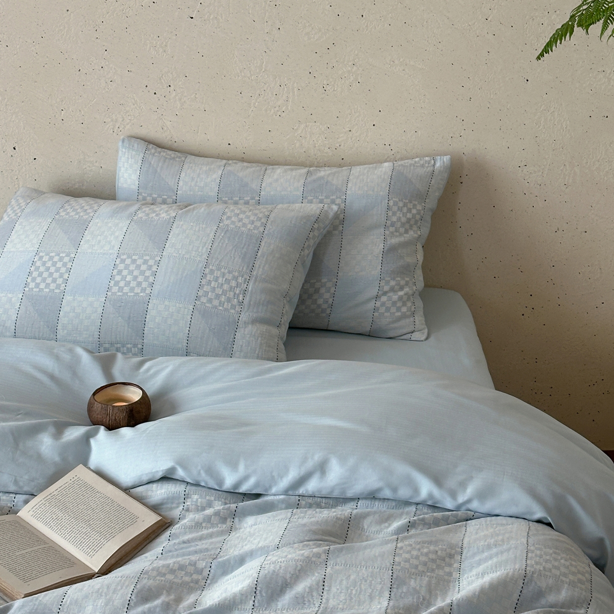 91家纺网 家纺一手货源 找家纺 例外 2026新款全棉纯棉双层纱布大提花四件套舒芙蕾 蓝色-舒芙蕾