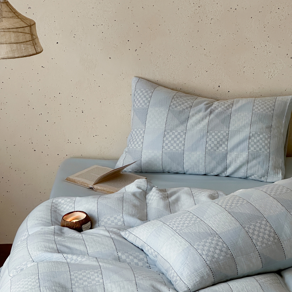 91家纺网 家纺一手货源 找家纺 例外 2026新款全棉纯棉双层纱布大提花四件套舒芙蕾 蓝色-舒芙蕾