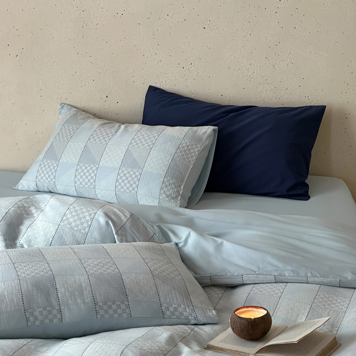 91家纺网 家纺一手货源 找家纺 例外 2026新款全棉纯棉双层纱布大提花四件套舒芙蕾 蓝色-舒芙蕾