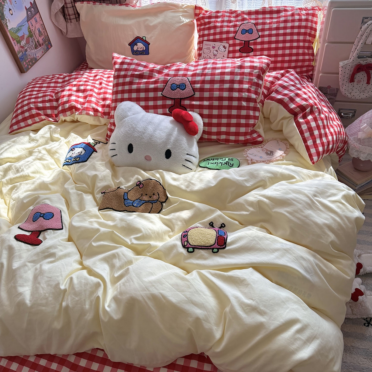 原素 2026新款新春卡哇伊毛巾绣四件套 哈皮狗狗