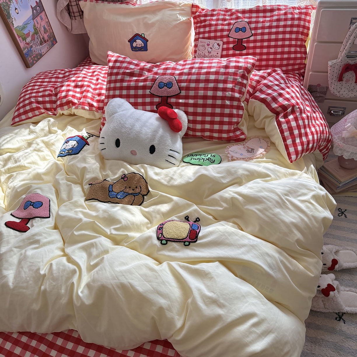 91家纺网 家纺一手货源 找家纺 原素 2026新款新春卡哇伊毛巾绣四件套 哈皮狗狗