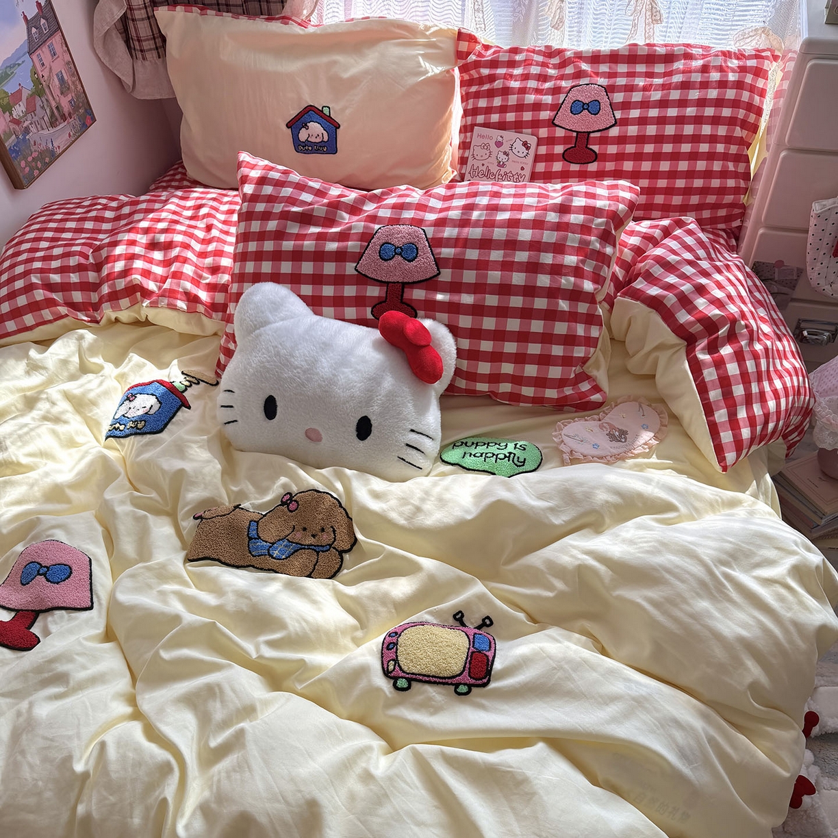 91家纺网 家纺一手货源 找家纺 原素 2026新款新春卡哇伊毛巾绣四件套 哈皮狗狗