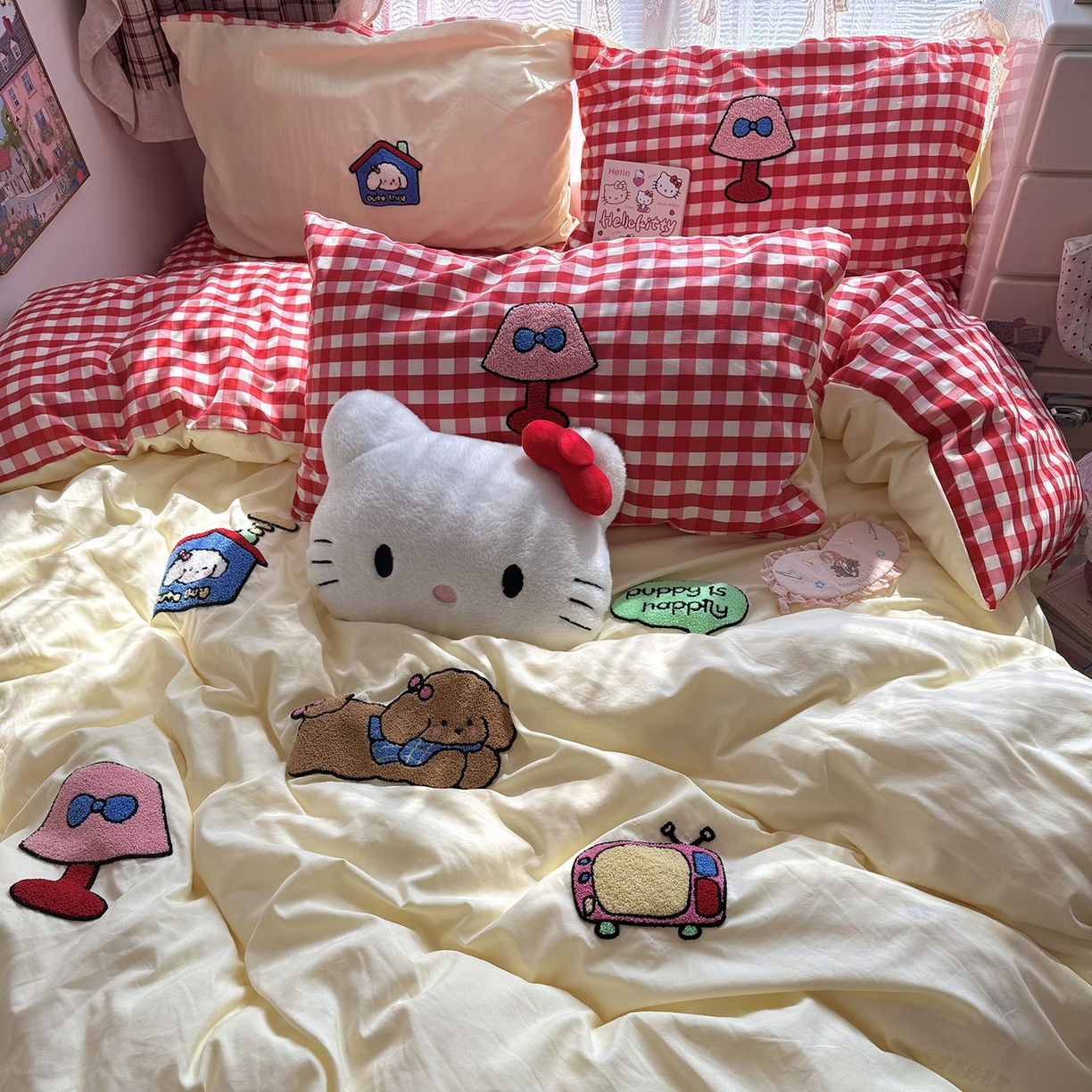 91家纺网 家纺一手货源 找家纺 原素 2026新款新春卡哇伊毛巾绣四件套 哈皮狗狗