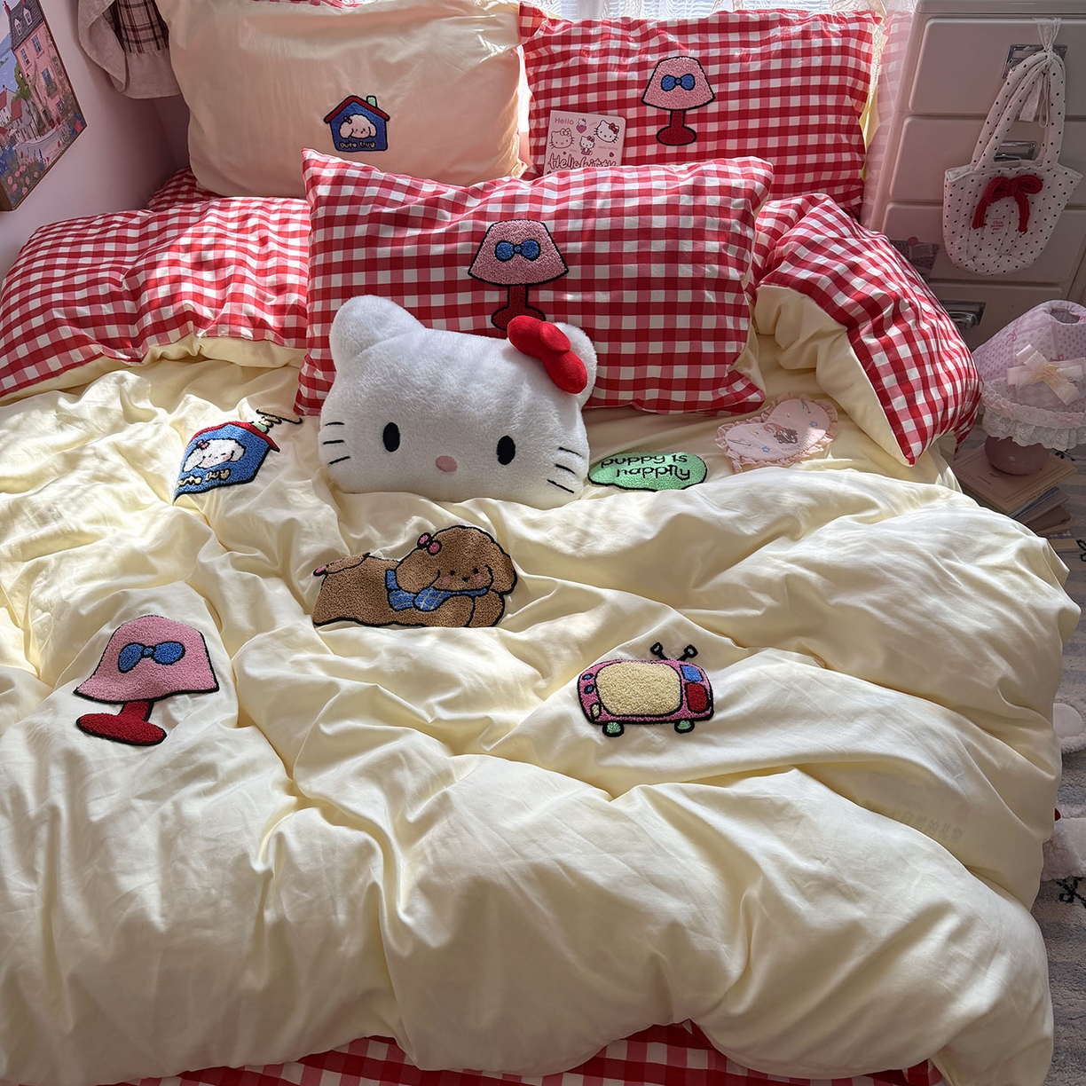 91家纺网 家纺一手货源 找家纺 原素 2026新款新春卡哇伊毛巾绣四件套 哈皮狗狗