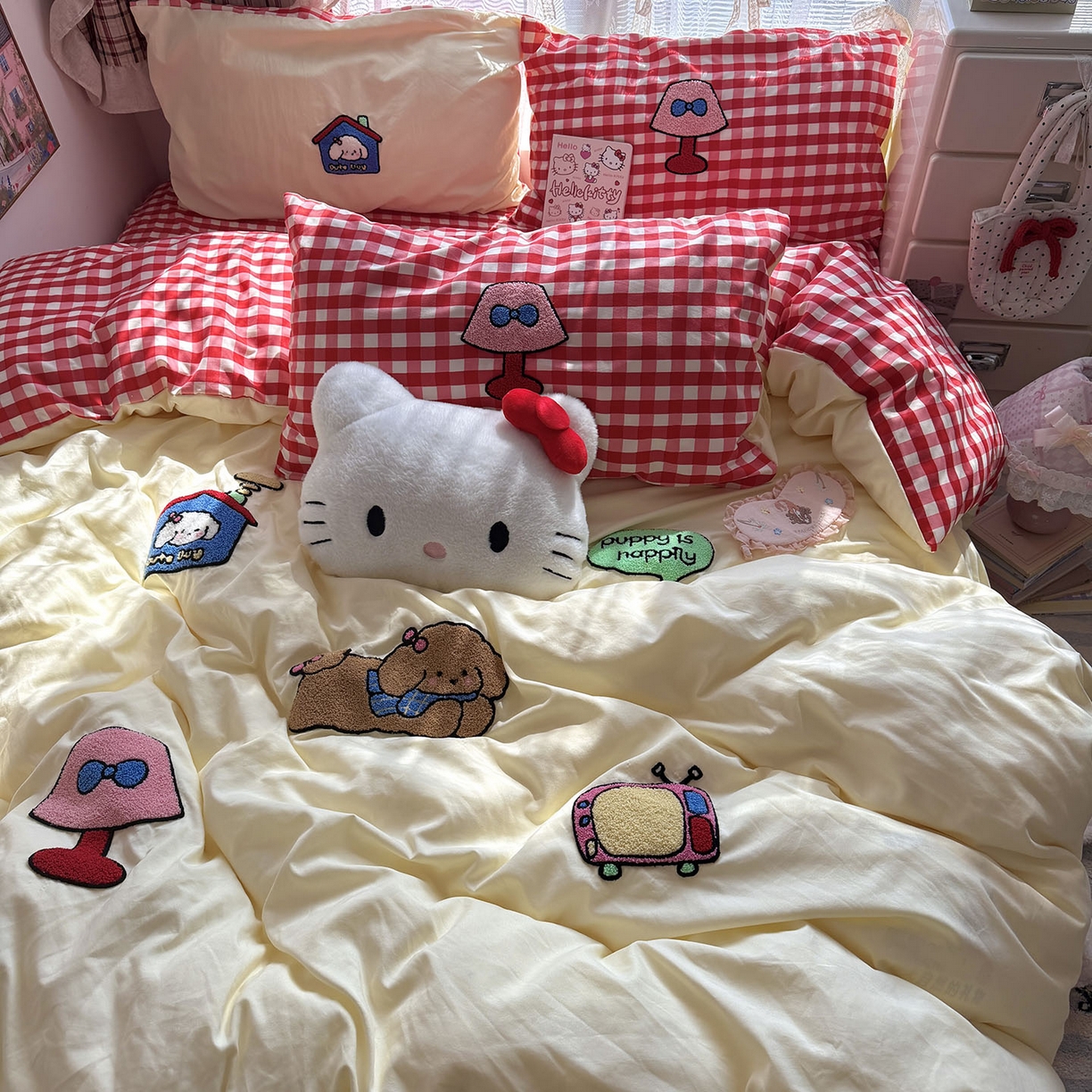 91家纺网 家纺一手货源 找家纺 原素 2026新款新春卡哇伊毛巾绣四件套 哈皮狗狗